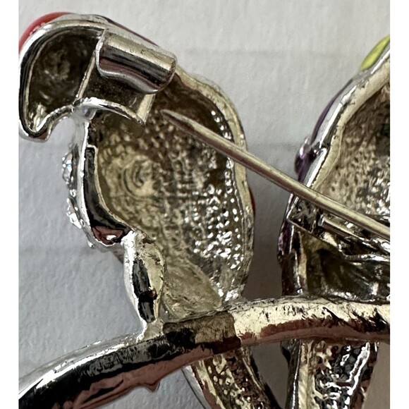 Vintage Enamel and Rhinestone Parrots on Branch Brooch Pin 1.5 x 1.5" Tropical - Picture 5 of 6